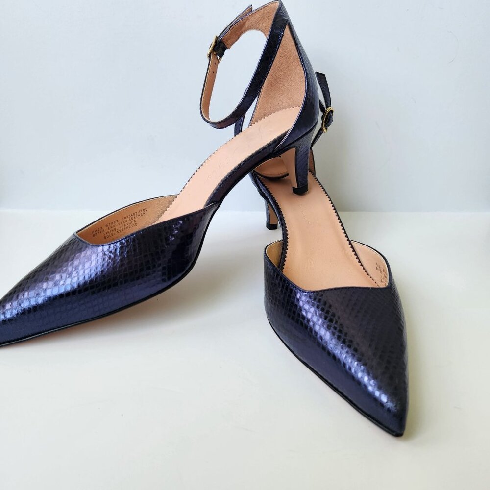 J Crew Collection Pointed-Toe Kitten Heels Metallic Navy Snake Ankle Strap 8.5 - Picture 9 of 11